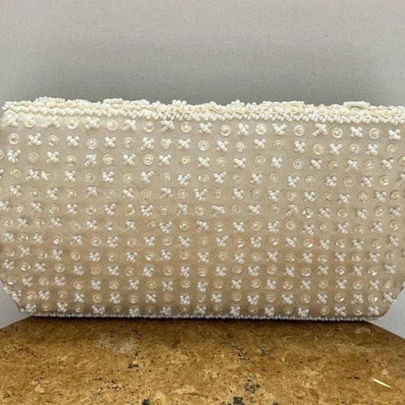 Vintage Stunning White Sequin Beaded Handmade Front Flap Clutch Purse Hong Kong - Picture 12 of 13